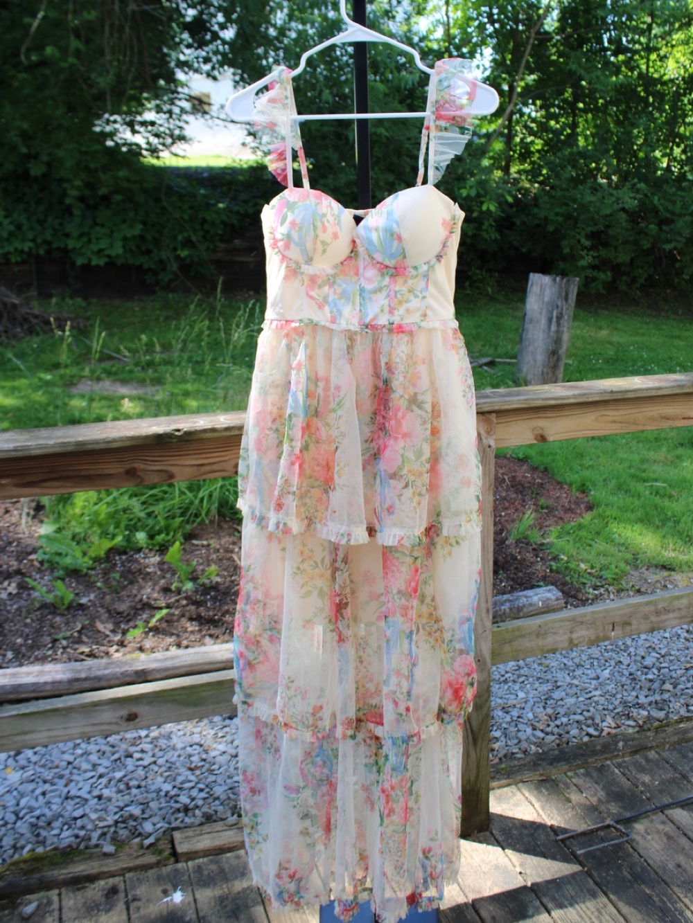 VICI Cream Smocked Floral-Trim Strap Dress